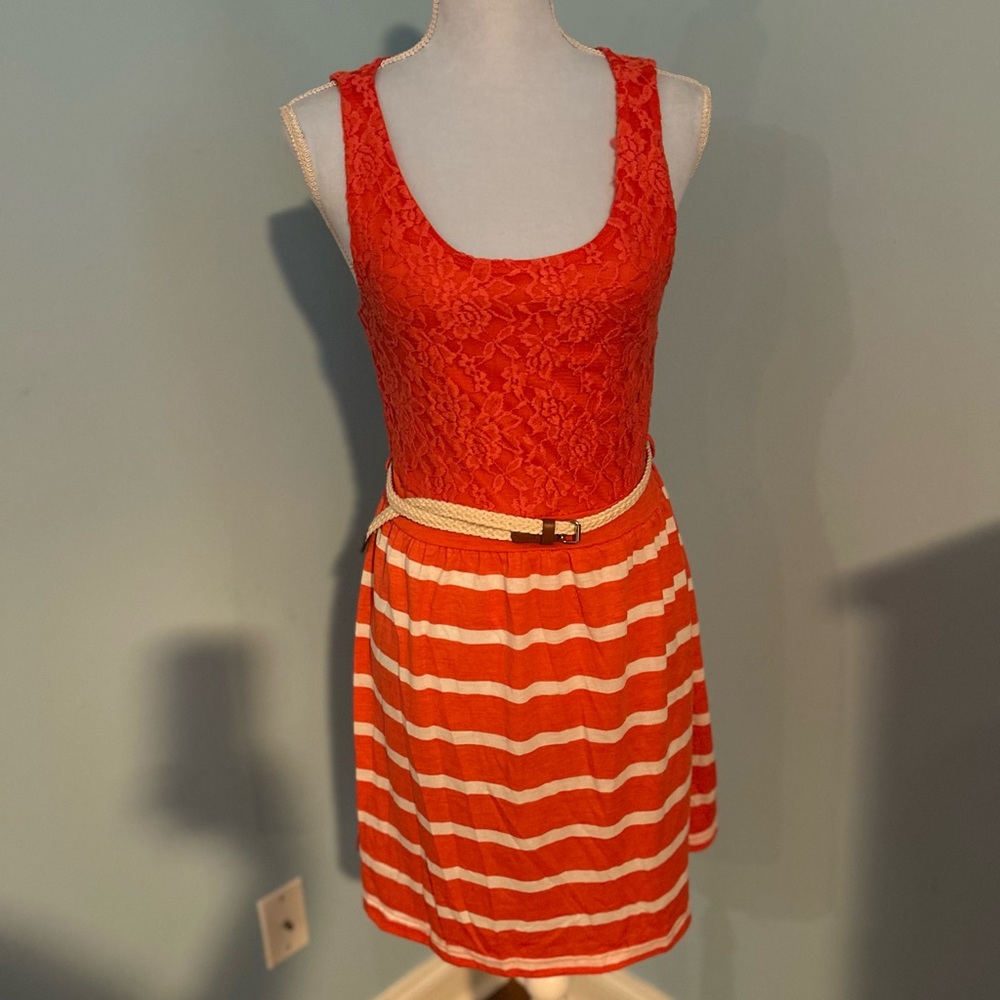 Flamingo Pink Lace and Striped Dress